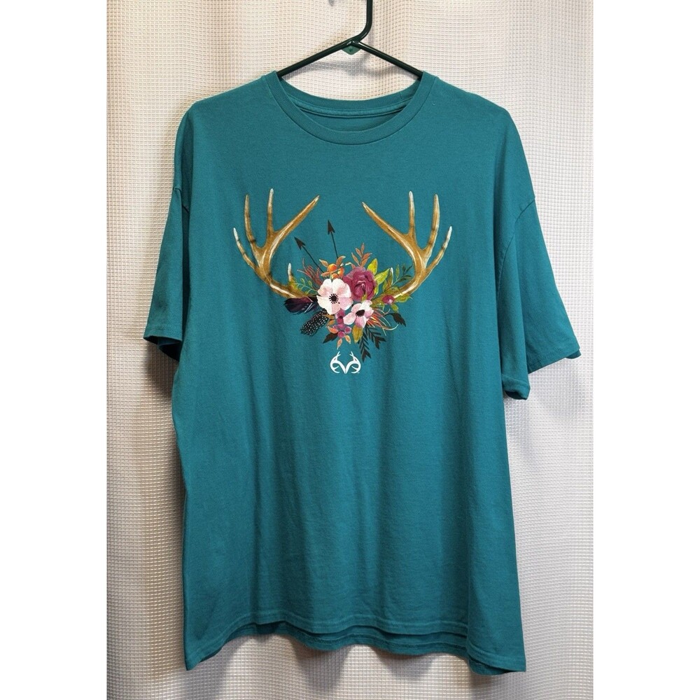 Teal Floral Deer Antlers Graphic T Shirt Boho Western Hunting Outdoors Approx XL